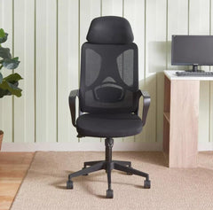 Black Mesh Office Chair with Ergonomic Headrest and Lumbar Support